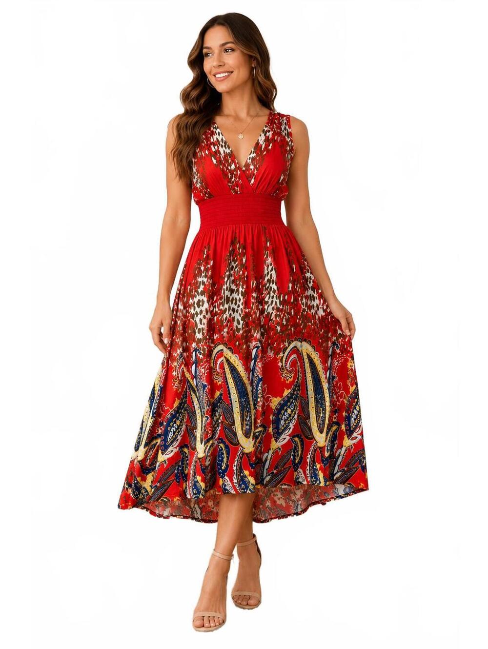 Lildy Surplice Paisley Leopard Print Midi Dress Red Boho Stretch Waist Sundress